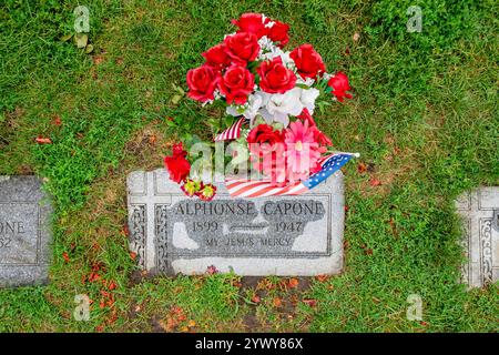 Hillsdale, Il, USA. August 2021. Alphonse Capone, der berüchtigte Chicagoer Gangster, ruht in Mt. Carmel Cemetery, Hillside, Illinois, auf einem bescheidenen Familiengrundstück, das von einem einfachen Grabstein umgeben ist, umgeben von verzierten Markierungen anderer bekannter Persönlichkeiten. (Kreditbild: © Walter G. Arce Sr./ASP via ZUMA Press Wire) NUR REDAKTIONELLE VERWENDUNG! Nicht für kommerzielle ZWECKE! Stockfoto