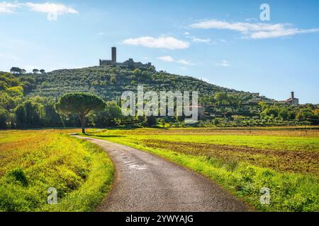 Schloss Montecchio Vesponi auf dem Hügel und einer Landstraße. Montecchio, Castiglion Fiorentino, Provinz Arezzo, Toskana, Italien Stockfoto