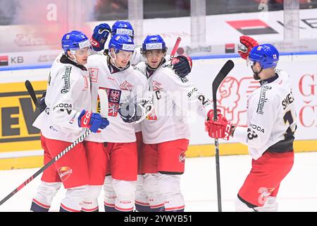 Pardubice, Tschechische Republik. Dezember 2024. Tschechische Spieler während des Spiels Tschechische Republik gegen Finnland der Schweizer Hockeyspiele, Teil der Euro Hockey Tour, in Pardubice, Tschechische Republik, 12. Dezember 2024. Quelle: Josef Vostarek/CTK Photo/Alamy Live News Stockfoto