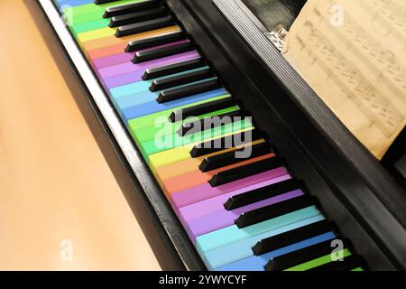 Klavier mit Tasten in Regenbogenfarben, Nahaufnahme. Musikinstrument Stockfoto