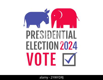 Vektor-Vintage-Banner für die Präsidentschaftswahlen 2024 in den USA. Vektorillustration von Esel und Elefant. Wählen Sie 2024 die amerikanischen Wahlen. Stock Vektor