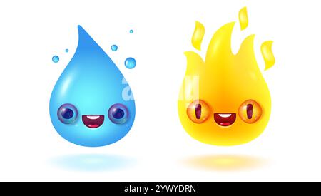 Vektorillustration von Wassertropfen und Feuerflamme im 3D-Stil mit kawaii Gesicht. Vektorsymbol für Regentropfen und Feuer in realistischem Stil. Kawaii Nature Emo Stock Vektor