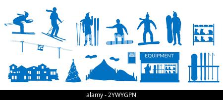 Winterskigebiete mit Menschen und touristischer Ausrüstung Silhouetten gesetzt Stock Vektor