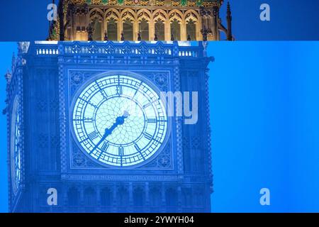 London, Großbritannien. Dezember 2024. Blick auf das Uhrenblatt des Big Ben in den frühen Morgenstunden in London. Die Uhr des Big Ben wurde 1859 installiert. Es sind 292 Schritte erforderlich, um zu den Zifferblättern zu gelangen. Jede Skala hat einen Durchmesser von 7 Metern. Die Minutenzeiger wiegen etwa 100 kg und 4,2 Meter lang. Die Zahlen sind etwa 60 Zentimeter lang. (Credit Image: © Krisztian Elek/SOPA Images via ZUMA Press Wire) NUR REDAKTIONELLE VERWENDUNG! Nicht für kommerzielle ZWECKE! Stockfoto