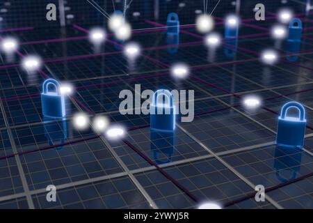 Digitale Sperren stellen Cybersicherheit in einem virtuellen Netzwerk dar und betonen den Datenschutz und die Privatsphäre. 3D-Rendering Stockfoto