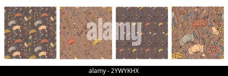 Set von nahtlosen Mustern mit handgezeichneten braunen abstrakten Wildblumen Stock Vektor