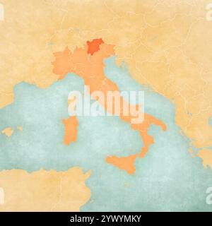 Trentino-Südtirol auf der Karte Italiens in weichem Grunge und Vintage-Stil, wie altes Papier mit Aquarellmalerei. Stockfoto