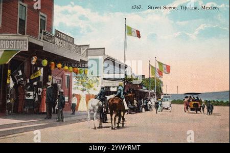 Straßenszene, Tijuana Mexiko, ca. 1920 Postkarten. Nicht identifizierter Fotograf Stockfoto