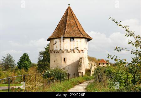 RIentzheim, Elsass, Frankreich - 18. Oktober 2024 - Turm auf den Dorfmauern und Befestigungen eines alten elsässischen Weindorfes Stockfoto