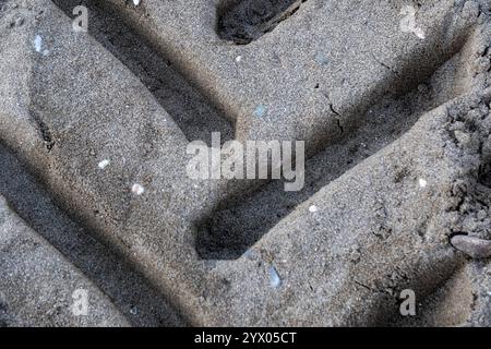 Die Reifenspuren im Sand sind tief und breit, was darauf hinweist, dass das Fahrzeug eine Weile durch den Sand gefahren ist Stockfoto