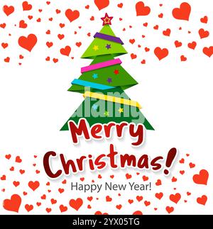 Frohe Weihnachten. Ein Weihnachtsbaum und eine Ballongirlande. Ein Banner in Form eines Herzens. Stock Vektor