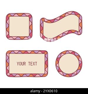 Dekoratives Rahmenset für Feiertage. Design im Doodle-Stil, handgezeichnete, kräftige Strichlinie an isolierten Elementen, Form des Rechtecks, Kreises, Quadrat. Rosa Stock Vektor