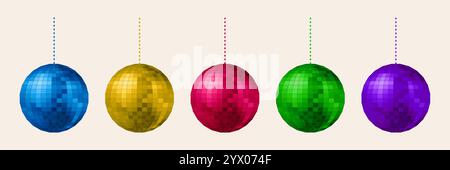 Disco-Kugeln in verschiedenen Farben, Retro-Musik-Party-strahlende Kugel, Silvester-Symbol. Vektorabbildung Stock Vektor