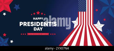 Webbanner zum „Happy Presidents Day“ mit US-Flagge. Titelseite Des Präsidenten-Tages, Website, Kopfzeilenhintergrund. Washingtons Geburtstag wurde in den Vereinigten Staaten gefeiert Stock Vektor