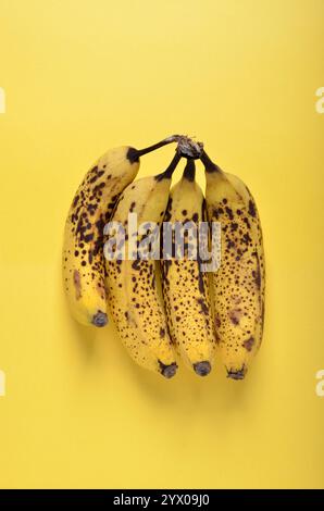 Ein Haufen überreifer Bananen auf gelbem Hintergrund, Draufsicht von oben mit Kopierraum Stockfoto