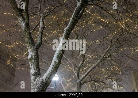 Wehende See-Effekt-Schneestraße gegen Straßentreme auf der Main Street in Ann Arbor, Michigan, USA Stockfoto