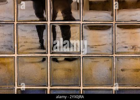 Glänzende Fliesen auf einem Gebäude, die den Fotografen an einem verschneiten Abend in Ann Arbor, Michigan, USA, reflektieren Stockfoto