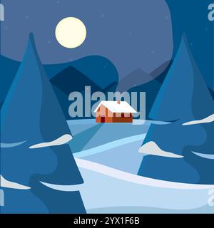 Verschneite Hütte im Kiefernwald unter Vollmond Vektor Stock Vektor