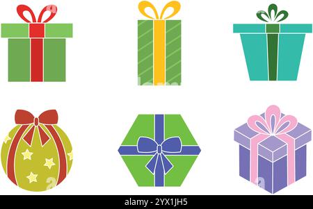 Bunte Geschenkboxen in sechs einzigartigen Stilen Vektor Stock Vektor