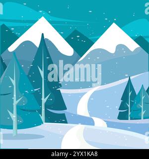 Verschneite Berge und gewundene Straße durch Kiefernwald Vector Stock Vektor