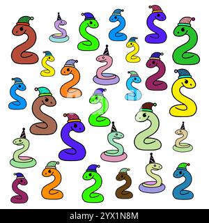 Farbenfrohe Weihnachtsschlangen im Kinderstil Stock Vektor