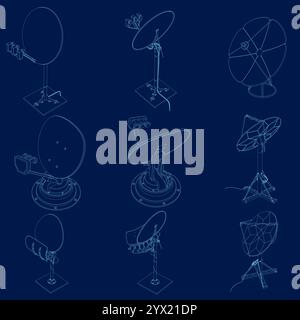 Silhouettenset für Satellitenantenne mit blauer Kontur. Satellitenschüssel globaler Cyberspace-Anschluss digitaler Informationsempfänger Set isometrischer Vektor. Vektor i Stock Vektor