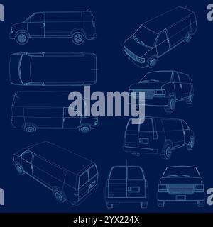 Blaue Kontur Vektorillustration. Isoliertes Nutzfahrzeug auf blauem Hintergrund. Ansicht von Seite, Rückseite, Vorderseite und oben. Stock Vektor
