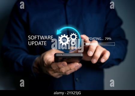 Aktualisierung des Technologiekonzepts für Softwareanwendungen. Software-Update oder Betriebssystem, Patch-Update, Fortschrittsanzeige aktualisieren, App-Patch installieren, n Stockfoto