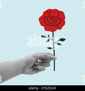 Realistische Hand halten Vektor rote Rose isoliert, symbolische Blume der Romantik und Liebe. Pop-Art-Vektor-Illustration Stock Vektor