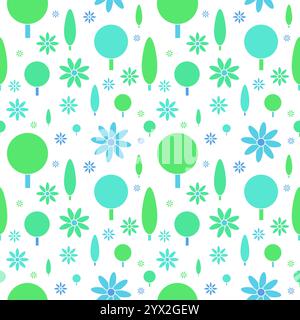 Niedliches, dekoratives, nahtloses botanisches Muster in Pastellfarben. Bäume, Blumen, flache abstrakte grafische Formen. Stock Vektor