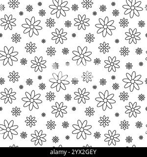 Nahtloses Blumenmuster. Schwarze Konturblumen-Silhouetten, isoliert auf weißem Hintergrund. Stock Vektor