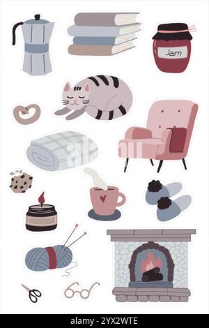 Cozy Winter Home Stickers Set mit Katze, Kamin, Bücher, Garn und warmen Getränken für Scrapbooking und Kunsthandwerk. Vektorabbildung Stock Vektor