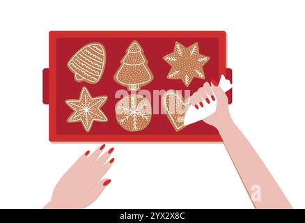 Frauenhände dekorieren Lebkuchenkekse Stock Vektor
