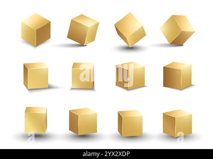 3D Gold Metallic Würfel. Realistische geometrische Vektorform. Goldene Hochglanzdose mit Schatten Stock Vektor