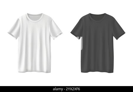 Realistische Vorlage für T-Shirt-Mockup in Schwarz und weiß für Fashion Design, Print und E-Commerce Produktpräsentation. Stock Vektor