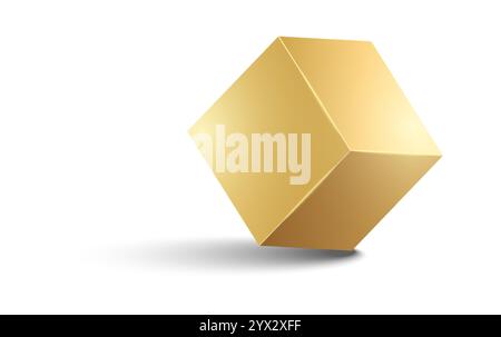 3D Gold Metallic Würfel. Realistische geometrische Vektorform. Goldene Hochglanzdose mit Schatten Stock Vektor