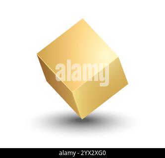 3D Gold Metallic Würfel. Realistische geometrische Vektorform. Goldene Hochglanzdose mit Schatten Stock Vektor