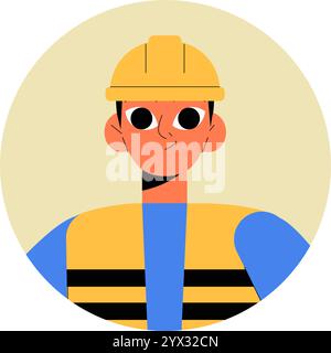 Männlicher Avatar In Baukleidung, Die Gebäude, Technik Und Sicherheit Symbolisiert, Flache Vektor-Illustration, Isoliert Auf Weißem Hintergrund Stock Vektor