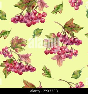 Rote Beeren und herbstliche Blätter nahtloses Muster isoliert. Ein Haufen roter Viburnum-Beeren mit botanischer, wiederholter Textur. Schneeballbeeren auf Stockfoto