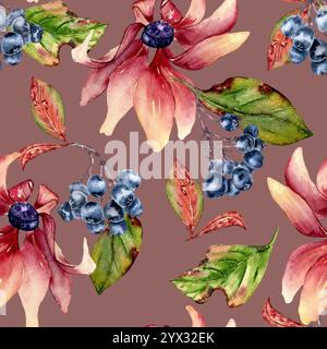 Nahtloses Aquarellmuster von schwarzen Archanebeeren, grünen Blättern und rosa Blüten isoliert. Botanischer Hintergrund für Textil, saisonales Design. Stockfoto