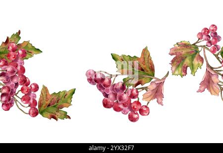 Ein Haufen roter Viburnum-Beeren Aquarellrand isoliert. Schneeballbeeren auf Ast, Blätter in botanisch wiederholter Handfarbe Stockfoto