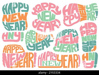 „Happy New Year“-Kompilation mit Illustrationen. Vektorbeschriftung Design Illustration für Web, T-Shirt Design, andere grafische Design Verwendung Stock Vektor