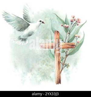 Fliegende weiße Taube mit rustikalem Holzkreuz und Eukalyptuszweigen mit kleinen rosa Blütenzweigen. Isolierte Illustration auf Aquarellgrün Stockfoto