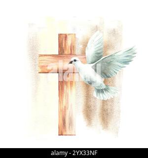 Weiße Taube mit Holzkreuz auf beigefarbenen Aquarellspritzern, gepunktetem Hintergrund. Fliegende Vogeltaube, Symbol des Friedens und der christlichen Religion. Handgezeichnet Stockfoto