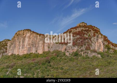 Blick auf steile felsige Gipfel, die aus den dicht bewaldeten Bergen steigen Stockfoto