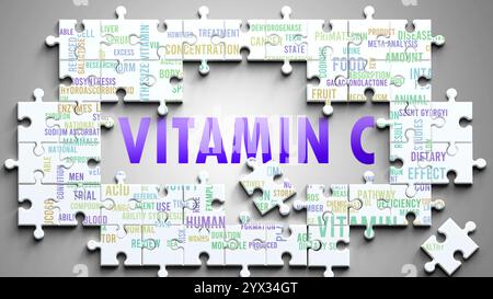 Vitamin C ist ein komplexes Thema, das mit anderen wichtigen Themen zusammenhängt. Stockfoto