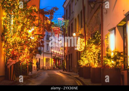 Vilnius, Litauen - 30. november 2024: Wundervolle kreative Weihnachtsdekoration auf der berühmten Stikliai-Straße in der Altstadt von Vilnius. Weihnachtsdekoration Stockfoto