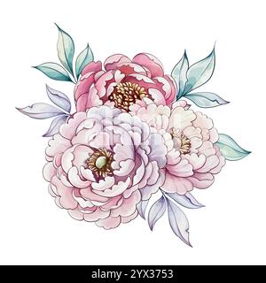Wunderschön gearbeitete Aquarellblüten zeigen Rosa- und Weißtöne, die sich vor sanften grünen Blättern befinden und die natürliche Essenz künstlerisch einfangen Stock Vektor