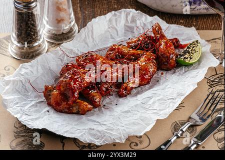 Hähnchenflügel in süß-saurer Sauce mit Sesamsamen Stockfoto