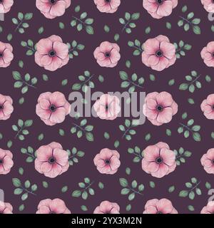 Nahtloses Muster mit Anemonenblüten. Botanischer Hintergrund von weichen rosa Blüten mit Blättern. Aquarell, Markierungsdarstellung. Handgezeichnete isolierte Kunst Stockfoto